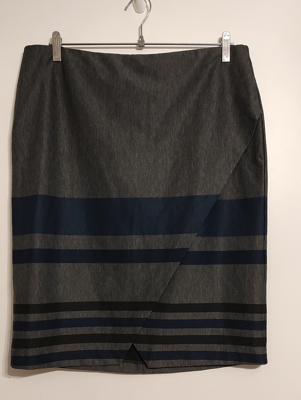 Soho Apparel Charcoal Gray Wrap Skirt with Blue Horizontal Stripe Bands